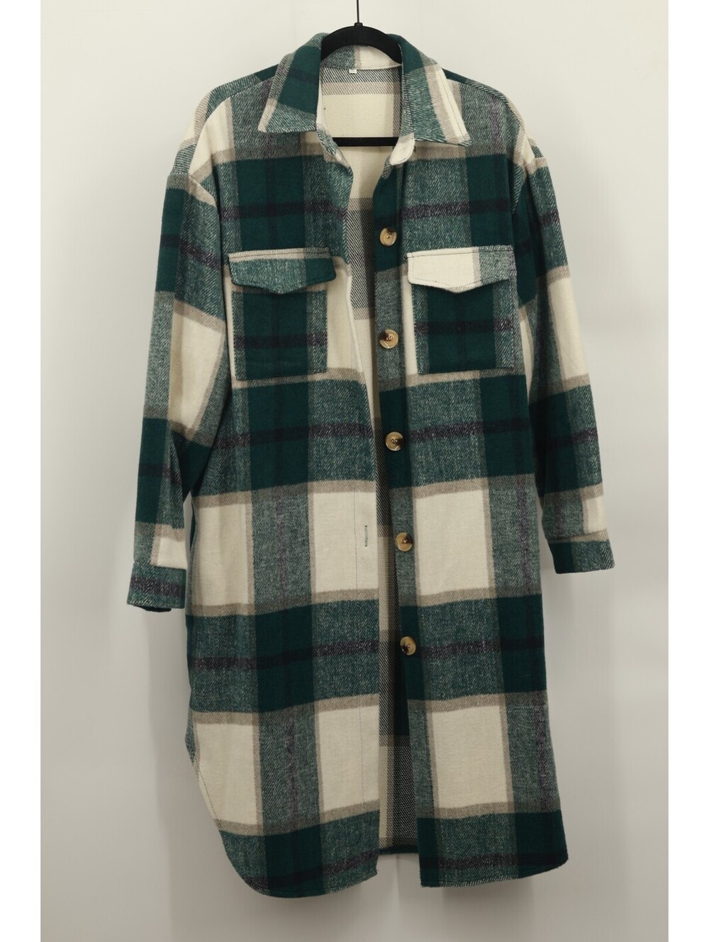Shein Women’s Green Cream Plaid Long Shacket Coat Button Front Pockets 2XL